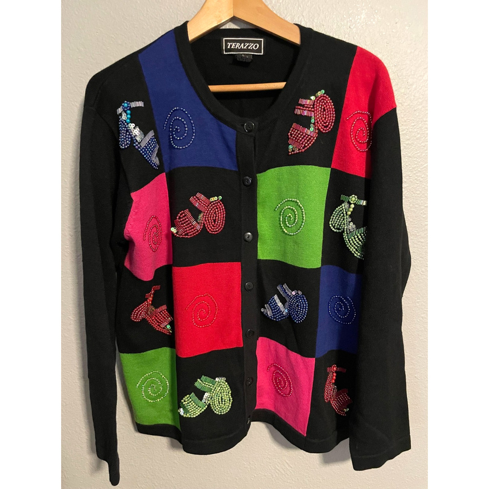Vintage Terazzo Cardigan Womens Large Black Colorblock Beaded Shoes AOP Artsy